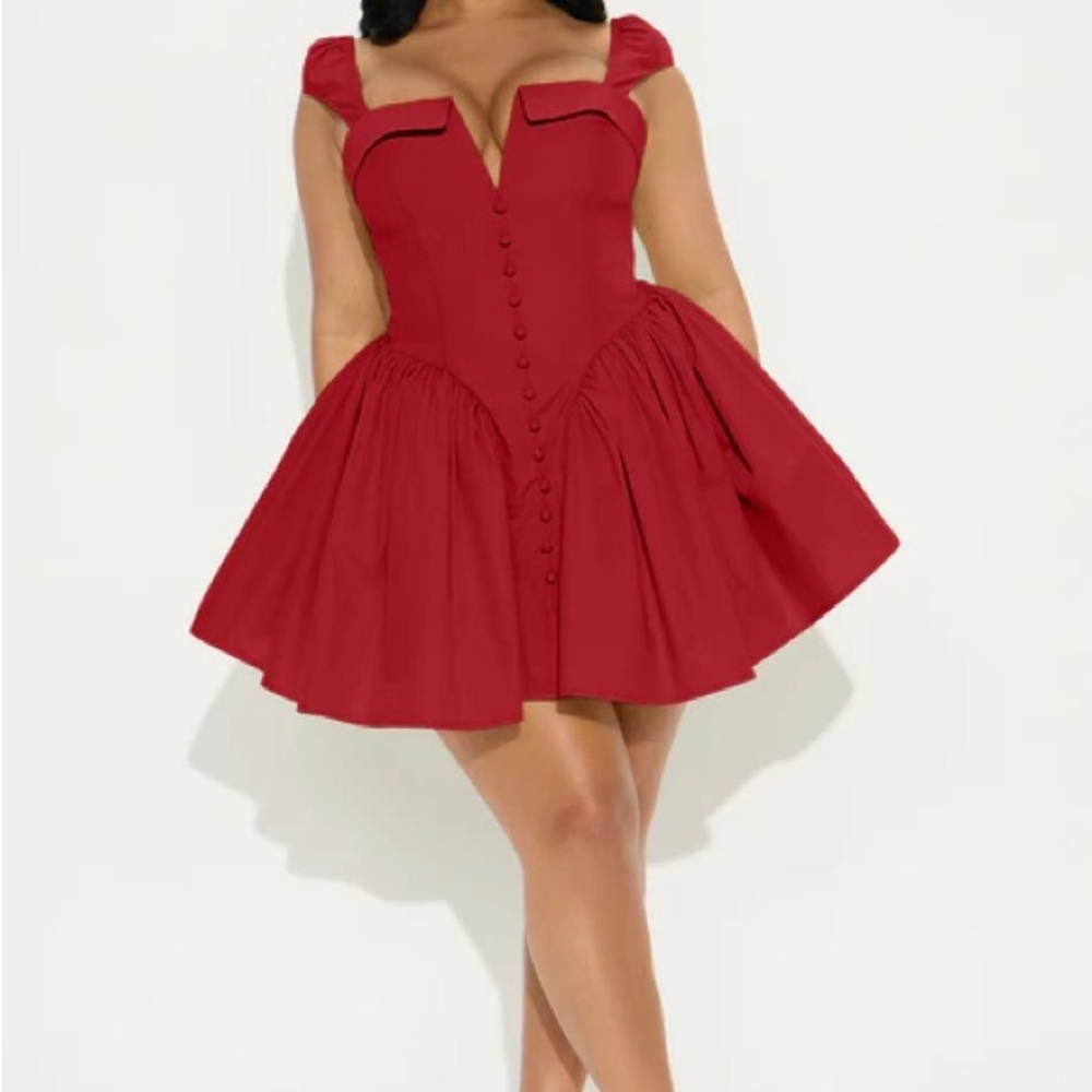 Red Fit-and-Flare Mini Dress with Button Front